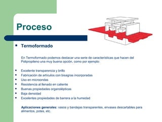 Proceso
 Termoformado
En Termoformado podemos destacar una serie de características que hacen del
Polipropileno una muy buena opción, como por ejemplo:
 Excelente transparencia y brillo
 Fabricación de artículos con bisagras incorporadas
 Uso en microondas
 Resistencia al llenado en caliente
 Buenas propiedades organolépticas
 Baja densidad
 Excelentes propiedades de barrera a la humedad
Aplicaciones generales: vasos y bandejas transparentes, envases descartables para
alimentos, potes, etc.
 