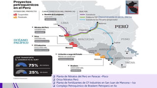  Planta de Nitratos del Perú en Paracas –Pisco
 Orica Nitratos Perú
 Planta de Fertilizantes de CF Industries en San Juan de Marcona – Ica
 Complejo Petroquímico de Braskem Petroperú en Ilo
(TRANSPORTADORA DE GAS DEL PERU S.A)
 