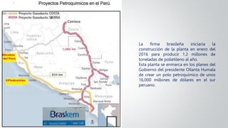 La firma brasileña iniciaría la
construcción de la planta en enero del
2016 para producir 1.2 millones de
toneladas de polietileno al año.
Esta planta se enmarca en los planes del
Gobierno del presidente Ollanta Humala
de crear un polo petroquímico de unos
16,000 millones de dólares en el sur
peruano.
 