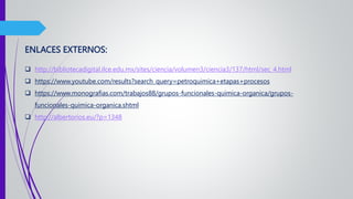 ENLACES EXTERNOS:
 http://bibliotecadigital.ilce.edu.mx/sites/ciencia/volumen3/ciencia3/137/html/sec_4.html
 https://www.youtube.com/results?search_query=petroquimica+etapas+procesos
 https://www.monografias.com/trabajos88/grupos-funcionales-quimica-organica/grupos-
funcionales-quimica-organica.shtml
 http://albertorios.eu/?p=1348
 