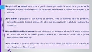 A partir del gas natural se produce el gas de síntesis que permite la producción a gran escala de
hidrógeno, haciendo posible la producción posterior de amoniaco por su reacción con nitrógeno, y de
metanol.
 Del etileno se producen un gran número de derivados, como las diferentes clases de polietileno,
compuestos clorados, óxidos de etileno, entre otros, que tienen aplicación en plásticos, recubrimientos,
moldes, etc.
 Por deshidrogenación de butenos, o como subproducto del proceso de fabricación de etileno se obtiene
el 1.3-butadieno que es una materia prima fundamental en la industria de los elastómeros, para la
fabricación de llantas, sellos, etc.
 Del propileno se producen compuestos como alcohol, que tienen gran aplicación en la industria de
solventes, pinturas y fibras sintéticas.
 
