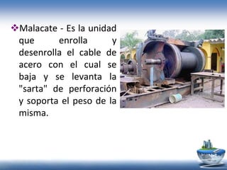 Malacate - Es la unidad
que enrolla y
desenrolla el cable de
acero con el cual se
baja y se levanta la
"sarta" de perforación
y soporta el peso de la
misma.
 