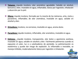  Tolueno: Líquido incoloro, olor aromático agradable. Soluble en alcohol,
benceno y éter, insoluble en agua, inflamable, tóxico por ingestión, inhalación
y absorción por la piel.
 Xileno: Líquido incoloro, formado por la mezcla de los isómeros, orto, meta y
paraxileno, inflamable; de olor aromático, insoluble en agua, soluble en
alcohol y éter.
 Ortoxileno: Incoloro, no corrosivo, insoluble en agua, aroma dulce.
 Paraxileno: Líquido incoloro, inflamable, olor aromático, insoluble en agua.
 Estireno: Líquido incoloro, transparente, olor dulce y apariencia aceitosa,
insoluble en agua; soluble en alcohol y éter. Fácilmente polimeriza cuando es
expuesto al calor, luz o a catalizadores de peróxido. La polimerización es
exotérmica y puede dar riesgo de explosión. Es inflamable e inestable, se
maneja inhibido, moderadamente tóxico por ingestión e inhalación.
 