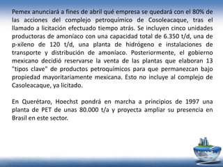 Pemex anunciará a fines de abril qué empresa se quedará con el 80% de
las acciones del complejo petroquímico de Cosoleacaque, tras el
llamado a licitación efectuado tiempo atrás. Se incluyen cinco unidades
productoras de amoníaco con una capacidad total de 6.350 t/d, una de
p-xileno de 120 t/d, una planta de hidrógeno e instalaciones de
transporte y distribución de amoníaco. Posteriormente, el gobierno
mexicano decidió reservarse la venta de las plantas que elaboran 13
"tipos clave" de productos petroquímicos para que permanezcan bajo
propiedad mayoritariamente mexicana. Esto no incluye al complejo de
Casoleacaque, ya licitado.
En Querétaro, Hoechst pondrá en marcha a principios de 1997 una
planta de PET de unas 80.000 t/a y proyecta ampliar su presencia en
Brasil en este sector.
 