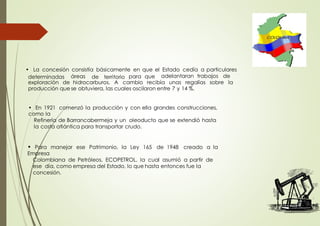 • La concesión consistía básicamente en que el Estado cedía a particulares
determinadas áreas de territorio para que adelantaran trabajos de
exploración de hidrocarburos. A cambio recibía unas regalías sobre la
producción que se obtuviera, las cuales oscilaron entre 7 y 14 %.
• En 1921 comenzó la producción y con ella grandes construcciones,
como la
Refinería de Barrancabermeja y un oleoducto que se extendió hasta
la costa atlántica para transportar crudo.
• Para manejar ese Patrimonio, la Ley 165 de 1948 creado a la
Empresa
Colombiana de Petróleos, ECOPETROL, la cual asumió a partir de
ese día, como empresa del Estado, lo que hasta entonces fue la
concesión.
 