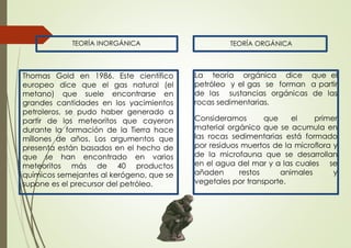 Thomas Gold en 1986. Este científico
europeo dice que el gas natural (el
metano) que suele encontrarse en
grandes cantidades en los yacimientos
petroleros, se pudo haber generado a
partir de los meteoritos que cayeron
durante la formación de la Tierra hace
millones de años. Los argumentos que
presenta están basados en el hecho de
que se han encontrado en varios
meteoritos más de 40 productos
químicos semejantes al kerógeno, que se
supone es el precursor del petróleo.
La teoría orgánica dice que el
petróleo y el gas se forman a partir
de las sustancias orgánicas de las
rocas sedimentarias.
Consideramos que el primer
material orgánico que se acumula en
las rocas sedimentarias está formado
por residuos muertos de la microflora y
de la microfauna que se desarrollan
en el agua del mar y a las cuales se
añaden restos animales y
vegetales por transporte.
TEORÍA INORGÁNICA TEORÍA ORGÁNICA
 