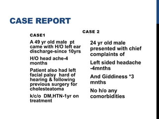 CASE REPORT
CASE1
A 49 yr old male pt
came with H/O left ear
discharge-since 10yrs
H/O head ache-4
months
Patient also had left
facial palsy hard of
hearing & following
previous surgery for
cholesteatoma
k/c/o DM,HTN-1yr on
treatment
CASE 2
24 yr old male
presented with chief
complaints of
Left sided headache
-4mnths
And Giddiness *3
mnths
No h/o any
comorbidities
 