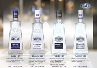 Proficiently composed set of
natural honey and aroma spirit
of ginseng gives inimitable soft
taste and slight elegant
aftertaste
ORIGINAL · 38%
0,25L • 0,5L • 0,7L • 1,0L
CLASSIC· 40% PRESTIGE · 40% PLATINUM · 40%
White vodka with pure grain
taste is authentic representative
of classic vodka
Aroma of green tea and
technology of the oldest
distillery make velvet
sophisticated aftertaste and
slight aroma of noble spirit
Сhicory aroma and ideal
proportion of components gives
exquisite aftertaste
0,25L • 0,5L • 0,7L • 1,0L 0,25L • 0,5L • 0,7L • 1,0L 0,25L • 0,5L • 0,7L • 1,0L
 