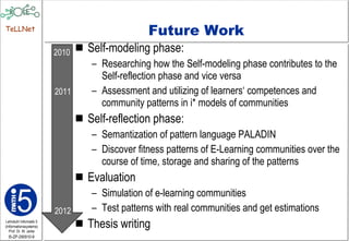 Future Work Self-modeling phase:  Researching how the Self-modeling phase contributes to the Self-reflection phase and vice versa Assessment and utilizing of learners‘ competences and community patterns in i* models of communities Self-reflection phase:  Semantization of pattern language PALADIN Discover fitness patterns of E-Learning communities over the course of time, storage and sharing of the patterns Evaluation  Simulation of e-learning communities Test patterns with real communities and get estimations Thesis writing 2010 2011 2012 