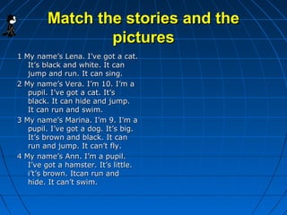 Match the stories and theMatch the stories and the
picturespictures
11 My name’s Lena. I’ve got a cat.My name’s Lena. I’ve got a cat.
It’s black and white. It canIt’s black and white. It can
jump and run. It can sing.jump and run. It can sing.
2 My name’s Vera. I’m 10. I’m a2 My name’s Vera. I’m 10. I’m a
pupil. I’ve got a cat. It’spupil. I’ve got a cat. It’s
black. It can hide and jump.black. It can hide and jump.
It can run and swim.It can run and swim.
3 My name’s Marina. I’m 9. I’m a3 My name’s Marina. I’m 9. I’m a
pupil. I’ve got a dog. It’s big.pupil. I’ve got a dog. It’s big.
It’s brown and black. It canIt’s brown and black. It can
run and jump. It can’t fly.run and jump. It can’t fly.
4 My name’s Ann. I’m a pupil.4 My name’s Ann. I’m a pupil.
I’ve got a hamster. It’s little.I’ve got a hamster. It’s little.
i’t’s brown. Itcan run andi’t’s brown. Itcan run and
hide. It can’t swim.hide. It can’t swim.
 
