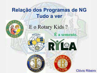 Relação dos Programas de NG
         Tudo a ver

      E o Rotary Kids ?
                 É a semente.




                            Clóvis Ribeiro
 