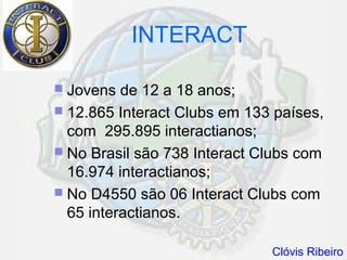INTERACT

 Jovens  de 12 a 18 anos;
 12.865 Interact Clubs em 133 países,
  com 295.895 interactianos;
 No Brasil são 738 Interact Clubs com
  16.974 interactianos;
 No D4550 são 06 Interact Clubs com
  65 interactianos.

                              Clóvis Ribeiro
 