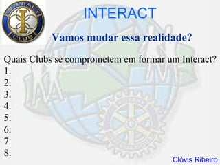 INTERACT
          Vamos mudar essa realidade?
Quais Clubs se comprometem em formar um Interact?
1.
2.
3.
4.
5.
6.
7.
8.
                                      Clóvis Ribeiro
 