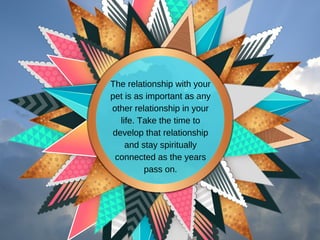 The relationship with your
pet is as important as any
other relationship in your
life. Take the time to
develop that relationship
and stay spiritually
connected as the years
pass on.
 