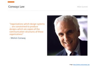 MSA-SummitConways Law
“organizations	which	design	systems	
...	are	constrained	to	produce	
designs	which	are	copies	of	the	
communication structures of	these	
organizations”
- Melvin	Conway
Image:	https://twitter.com/conways_law
 
