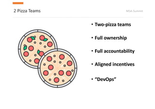 MSA-Summit2 Pizza Teams
• Two-pizza	teams
• Full	ownership	
• Full	accountability
• Aligned	incentives
• “DevOps”
 