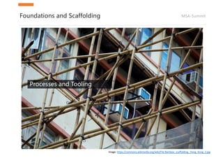 MSA-SummitFoundations and Scaffolding
Processes and Tooling
Image:	https://commons.wikimedia.org/wiki/File:Bamboo_scaffolding,_Hong_Kong_2.jpg
 