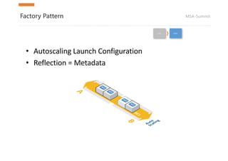 MSA-SummitFactory Pattern
Pets Cattle
• Autoscaling	Launch	Configuration
• Reflection	=	Metadata
 
