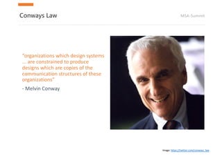 MSA-SummitConways Law
“organizations	which	design	systems	
...	are	constrained	to	produce	
designs	which	are	copies	of	the...