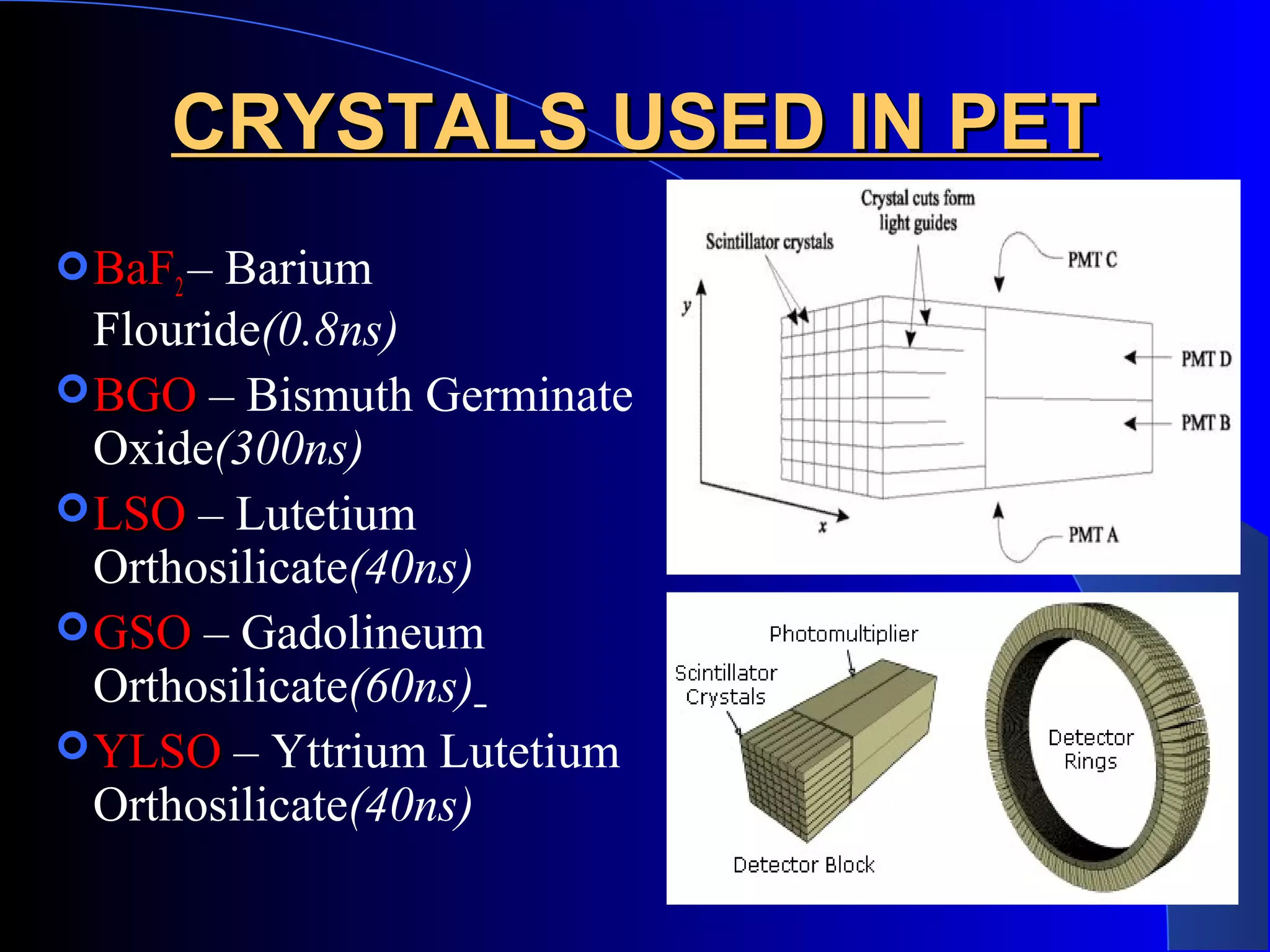 CRYSTALS USED IN PETCRYSTALS USED IN PET
BaFBaF22– Barium
Flouride(0.8ns)
BGOBGO – Bismuth Germinate
Oxide(300ns)
LSOLSO – Lutetium
Orthosilicate(40ns)
GSOGSO – Gadolineum
Orthosilicate(60ns)
YLSOYLSO – Yttrium Lutetium
Orthosilicate(40ns)
 