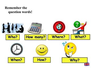 Remember the
question words!
What?How many? Where?
Why?When?
Who?
How?
 