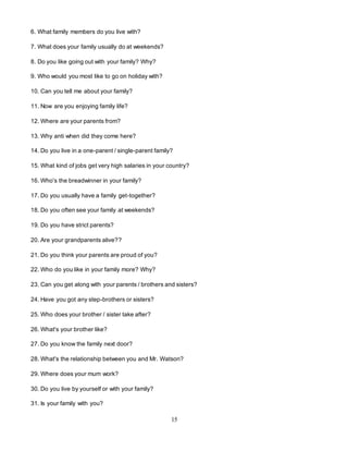 15
6. What family members do you live with?
7. What does your family usually do at weekends?
8. Do you like going out with your family? Why?
9. Who would you most like to go on holiday with?
10. Can you tell me about your family?
11. Now are you enjoying family life?
12. Where are your parents from?
13. Why anti when did they come here?
14. Do you live in a one-parent / single-parent family?
15. What kind of jobs get very high salaries in your country?
16. Who's the breadwinner in your family?
17. Do you usually have a family get-together?
18. Do you often see your family at weekends?
19. Do you have strict parents?
20. Are your grandparents alive??
21. Do you think your parents are proud of you?
22. Who do you like in your family more? Why?
23. Can you get along with your parents / brothers and sisters?
24. Have you got any step-brothers or sisters?
25. Who does your brother / sister take after?
26. What's your brother like?
27. Do you know the family next door?
28. What's the relationship between you and Mr. Watson?
29. Where does your mum work?
30. Do you live by yourself or with your family?
31. Is your family with you?
 