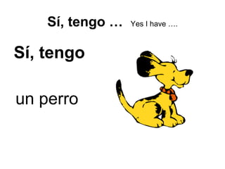 Sí, tengo … Yes I have ….
Sí, tengo
un perro
 