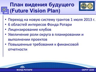 План видения будущего
(Future Vision Plan)
• Переход на новую систему грантов 1 июля 2013 г.
• 6 областей интересов Фонда Ротари
• Лицензирование клубов
• Увеличение роли округа в планировании и
выполнении проектов
• Повышенные требования к финансовой
отчетности
ФОНД РОТАРИ ОКРУГ 2220
 