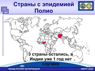 Страны с эпидемией
Полио
3 страны остались, в
Индии уже 1 год нет
случаев
ФОНД РОТАРИ ИНТЕРНЕШНЛ ОКРУГ 2220
 