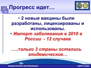 Прогресс идет…
• 2 новые вакцины были
разработаны, лицензированы и
использованы.
• Импорт заболевания в 2010 в
России - 12 случаев
…..только 3 страны остались
эпидемические…
ФОНД РОТАРИ ИНТЕРНЕШНЛ ОКРУГ 2220
 