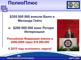 ПолиоПлюс
ФОНД РОТАРИ ИНТЕРНЕШНЛ ОКРУГ 2220
$355 000 000 внесли Билл и
Мелинда Гейтс
и $200 000 000 внес Ротари
Интернэшнл
Российская Федерация внесла в
2006-2009 годах $10.000.000
К 2015 году выполнить задачу!
 