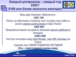 Каждый ротарианец – каждый год
EREY
$100 или более вносится ежегодно
Ваш дар поможет обеспечить:
US$ 100
Плату за обучение и покупку книг за один год учебы в
школе двоим школьникам в Шри Ланке
US$ 500
Продовольствием на десять месяцев одного ребенка в
Нигерии
US$1,000
Чистую питьевую воду Для более, чем 300 человек на
Гаити
Сделай этот СВОЙ ПОДАРОК СЕГОДНЯ!
Это – твой подарок всему миру
ФОНД РОТАРИ ОКРУГ 2220
 