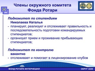 Подкомитет по стипендиям
Николаева Наталья
- планирует, реализует и отслеживает правильность и
последовательность подготовки командируемых
стипендиатов;
- организует прием и проживание прибывающих
стипендиатов;
Подкомитет по контролю
вакантно
- отслеживает и помогает в лицензирование клубов
Члены окружного комитета
Фонда Ротари
ФОНД РОТАРИ ИНТЕРНЕШНЛ ОКРУГ 2220
 