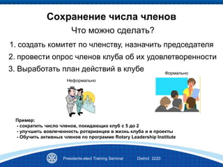 Сохранение числа членов
Что можно сделать?
Presidents-elect Training Seminar District 2220
1. создать комитет по членству, назначить председателя
2. провести опрос членов клуба об их удовлетворенности
3. Выработать план действий в клубе
Неформально
Формально
Пример:
- сократить число членов, покидающих клуб с 5 до 2
- улучшить вовлеченность ротарианцев в жизнь клуба и в проекты
- Обучить активных членов по программе Rotary Leadership Institute
 