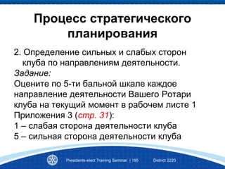 Процесс стратегического
планирования
2. Определение сильных и слабых сторон
клуба по направлениям деятельности.
Задание:
Оцените по 5-ти бальной шкале каждое
направление деятельности Вашего Ротари
клуба на текущий момент в рабочем листе 1
Приложения 3 (стр. 31):
1 – слабая сторона деятельности клуба
5 – сильная сторона деятельности клуба
Presidents-elect Training Seminar | 195 District 2220
 