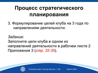 Процесс стратегического
планирования
3. Формулирование целей клуба на 3 года по
направлениям деятельности.
Задание:
Заполните цели клуба в одном из
направлений деятельности в рабочем листе 2
Приложения 3 (стр. 32-35).
Presidents-elect Training Seminar | 196 District 2220
 