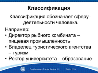 Классификация
Классификация обозначает сферу
деятельности человека.
Например:
• Директор рыбного комбината –
пищевая промышленность
• Владелец туристического агентства
– туризм
• Ректор университета – образование
Presidents-elect Training Seminar | 5 District 2220
 