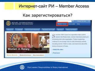 Club Leaders’ Responsibilities to Rotary International
Как зарегистироваться?
Интернет-сайт РИ – Member Access
 