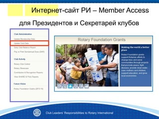 Club Leaders’ Responsibilities to Rotary International
для Президентов и Секретарей клубов
Интернет-сайт РИ – Member Access
 