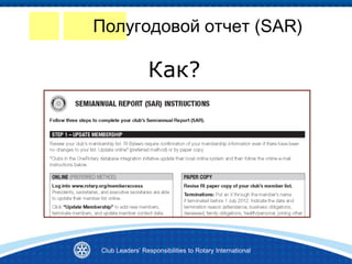 Club Leaders’ Responsibilities to Rotary International
Как?
Полугодовой отчет (SAR)
 