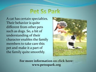 A cat has certain specialties.
Their behavior is quite
different from other pets
such as dogs. So, a bit of
understanding of their
character enables the family
members to take care this
pet and make it a part of
the family quite smoothly.
For more information on click here:
www.petsspark.org
 