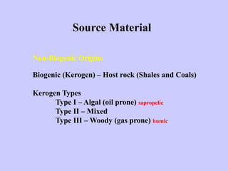 Source Material
Non-Biogenic Origins
Biogenic (Kerogen) – Host rock (Shales and Coals)
Kerogen Types
Type I – Algal (oil p...