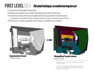 First level Idea
Input pointcloud
(1,039,097vertices)
'Simplified'pointcloud
By MarkusYlimäki
1) Noisyinputwith possible missing parts
2) Denoise, consolidate, find normalsand possibly upsample the pointcloud
3) Find planar surfaceswith semanticlabels(semanticsegmentation for point clouds)
1) optimally youwouldliketodescribeawalljustusing4cornerpoint massivereductionofpoints→
4) Remove toocomplexshapeslike chairs, flowers, chandeliers, etc. whatever
Oldschooltechniques,nomachinelearninghereyet
Each color correspond to a plane, black correspond to no plane
(1,039,097 vertices)
This algorithm gives okay results, but could be a lot faster, and
you never can have too robust method. And better ‘inpainting’
performance for missing data.
PhD student at the Center for Machine Vision Research in the University of Oulu.
 