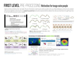 First level Pre-processing Motivationforimage-naîvepeople
https://www.youtube.com/watch?v=BlDl6M0go-c
Background of BM3D (and later BM4D) developed at Tampere
University of Technology, the state-of-the-art denoising algorithm
at least prior to deep learning denoisers
Images are always estimates of the “real images” like any measurement in general, and a photo of a black circle on a white background in practice for the computer
might not be composed of only two colors. But in practice is corrupted by noise and blur and quantitative image analysis might be facilitated by some image restoration
pre-processing algorithms. And we want to use ROBUST ALGORITHMS that perform well also with low-resolution and noisy point cloud (think of Google Tango scans
or even more professional laser scanners/ LIDARs)
Lu et al. (2016), https://doi.org/10.1109/TVCG.2015.2500222
“BM3D for point clouds”
Patch-Collaborative Spectral Point-Cloud Denoising
http://doi.org/10.1111/cgf.12139
You can visualize the removed noise with Hausdorff distance for example
http://dx.doi.org/10.1111/cgf.12802
http://staff.ustc.edu.cn/~lgliu/Publications/Publications/2015_SMI_QualityPoint.pdf
 
