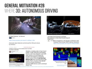 General Motivation #2b
Where 3D: Autonomous driving
https://www.youtube.com/watch?v=4zOqJK-_GAk
Automatic object detection and removal from 3D point clouds
byOxbotica
Francis Engelmann, Jörg Stückler and Bastian Leibe
Computer Vision Group, RWTH Aachen University
https://www.youtube.com/watch?v=YebCdz7QsRs
 