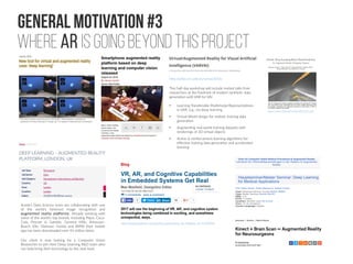 General Motivation #3
Where AR is going beyond this project
http://adas.cvc.uab.es/varvai2016/
This half-day workshop will include invited talks from
researchers at the forefront of modern synthetic data
generation with VAR for VAI
●
Learning Transferable Multimodal Representations
in VAR, e.g., via deep learning
●
Virtual World design for realistic training data
generation
●
Augmenting real-world training datasets with
renderings of 3D virtual objects
●
Active & reinforcement learning algorithms for
effective training data generation and accelerated
learning
Xcede’s Data Science team are collaborating with one
of the world’s foremost image recognition and
augmented reality platforms. Already working with
some of the world's top brands, including Pepsi, Coca-
Cola, Procter & Gamble, General Mills, Anheuser-
Busch, Elle, Glamour, Honda and BMW their mobile
app has been downloaded over 45 million times.
Our client is now looking for a Computer Vision
Researcher to join their Deep Learning R&D team who
can help bring their technology to the next level.
http://www.eetimes.com/author.asp?section_id=36&doc_id=1330958
https://arxiv.org/pdf/1605.09533v1.pdf
 