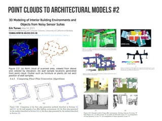 Point clouds to Architectural Models #2
Eric Turner, May 14, 2015
Electrical Engineering and Computer Sciences, University of California at Berkeley
Technical ReportNo.UCB/EECS-2015-105
http://www.eecs.berkeley.edu/Pubs/TechRpts/2015/EECS-2015-105.html, Cited by 1
Figure 3.2: (a) Point cloud of scanned area, viewed from above
and colored by elevation; (b) wall sample locations generated
from point cloud. Clutter such as furniture or plants do not aect
position of wall samples.
 