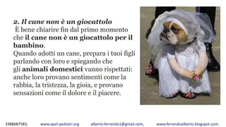 3388687583, www.apel-pediatri.org alberto.ferrando1@gmail.com, www.ferrandoalberto.blogspot.com,
2. Il cane non è un giocattolo
È bene chiarire fin dal primo momento
che il cane non è un giocattolo per il
bambino.
Quando adotti un cane, prepara i tuoi figli
parlando con loro e spiegando che
gli animali domestici vanno rispettati:
anche loro provano sentimenti come la
rabbia, la tristezza, la gioia, e provano
sensazioni come il dolore e il piacere.
 