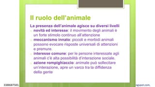 3388687583, www.apel-pediatri.org alberto.ferrando1@gmail.com, www.ferrandoalberto.blogspot.com,
Il ruolo dell’animale
La presenza dell’animale agisce su diversi livelli
o novità ed interesse: il movimento degli animali è
un forte stimolo continuo all’attenzione
o meccanismo innato: piccoli e morbidi animali
possono evocare risposte universali di attenzioni
e premure.
o interesse comune: per le persone interessate agli
animali c’è alta possibilità d’interazione sociale.
o azione rompighiaccio: animale può sollecitare
un’interazione, apre un varco tra la diffidenza
della gente
 