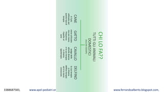 3388687583, www.apel-pediatri.org alberto.ferrando1@gmail.com, www.ferrandoalberto.blogspot.com,
CHILOFA??
TUTTIGLIANIMALI
DOMESTICI
(ALCUNIESEMPI)
CANEGATTOCAVALLODELFINO
èilpiù
utilizzatoper
questotipodi
terapia
vieneutilizzato
maconmeno
frequenza
rispettoal
cane
svolgedelle
attivitàdiverse
elasuaterapia
sichiama
ippoterapia
lasuaterapia
sichiama
delfino-terapia
edèlameno
conosciuta
 